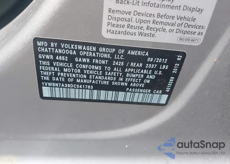 2013 Volkswagen Passat 2.0L Tdi Se из США, поврежденный, VIN 1VWBN7A36DC041763